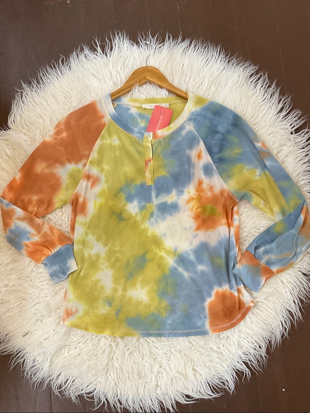 Lush Multicolor Tie-Dye Henley Top - Blue, Green, Brown